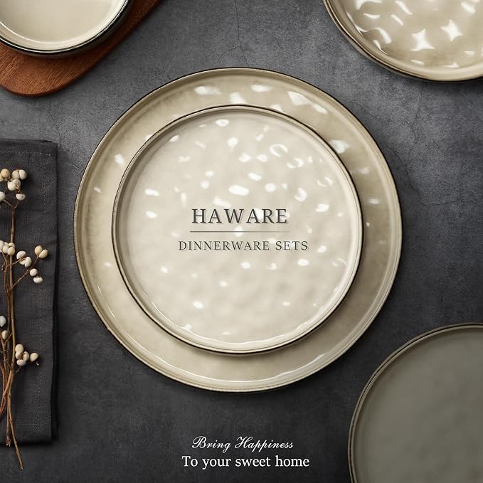 HaWare Dinnerware Sets, 12-Piece Plates and Bowls Set, Saturn Khaki | Stoneware - Image 7