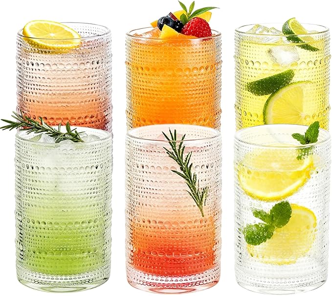Hobnail Drinking Glasses Set of 6, 16 Oz Vintage Style Tumblers Smooth Interior by Elitrivox