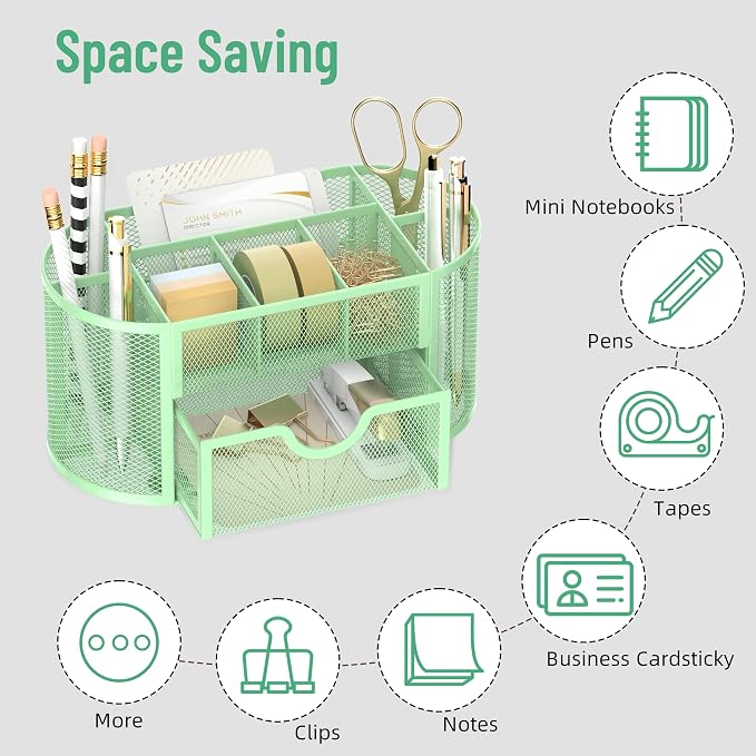 Mesh Desk Organizer with Drawer, 9-Compartment Pen Holder - Image 4