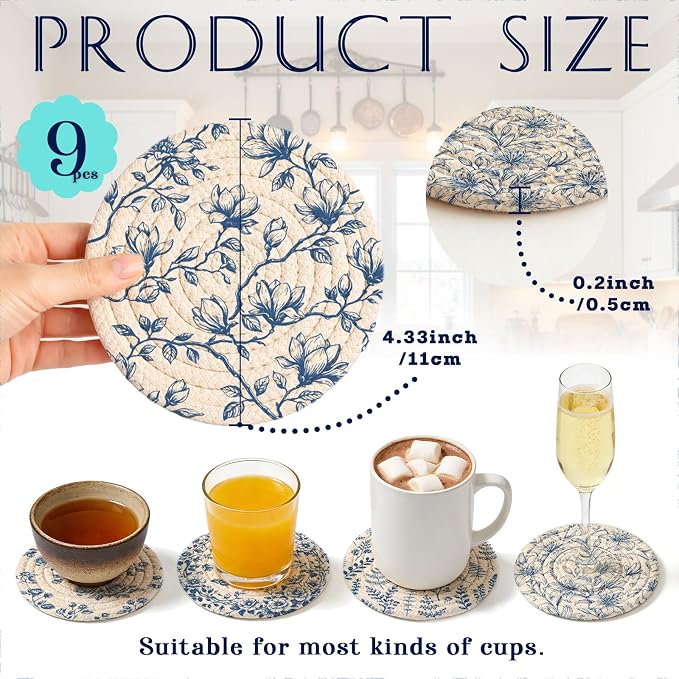 Cotton Woven Coaster Set of 9, 4.3In Fabric Coasters - Image 2
