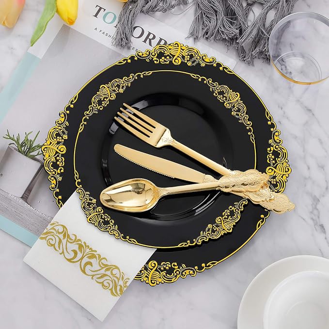 175 Pcs Black Gold Plates for Graduation | Black Party Plates Set for 25 Guests - Image 8