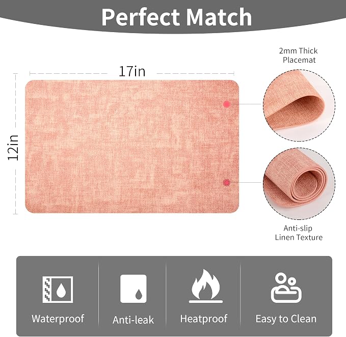 Maxpearl Faux Leather Placemats Set of 6, Peachy Pink | Waterproof - Image 7