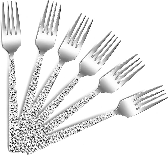 Salad Forks Set of 6, E-far 6.7 Inch Stainless Steel Hammered Dessert Forks - Image 2