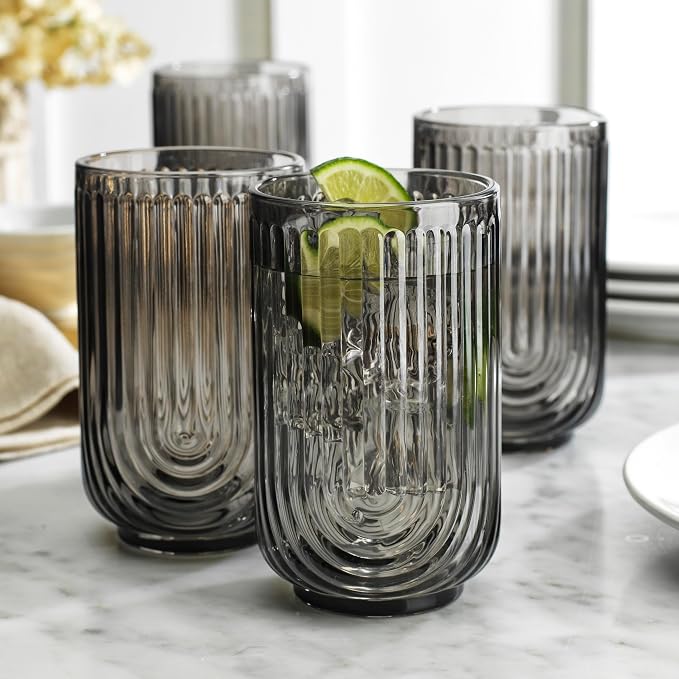Glaver's 8 Piece Smoke Glassware Set, Art Deco Black Drinking Glasses, Ribbed - Image 6