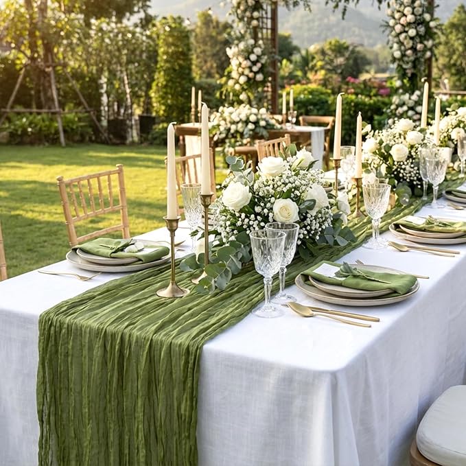 3 Pack Olive Green Cheesecloth Table Runner 120 Inch Boho Wedding Decor | - Image 8