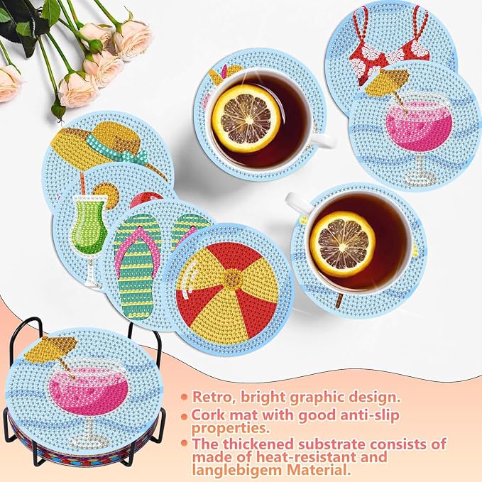 Benjenes 8PCS Summer Diamond Art Coasters Kit - Image 5