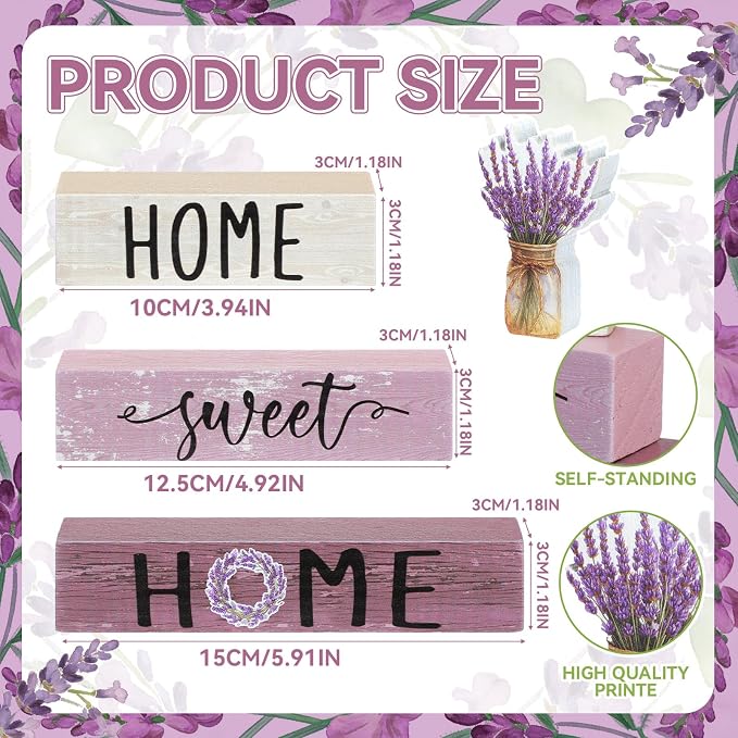 Cinnvoice 4 Pcs Farmhouse Wooden Tabletop Decor Purple Lavenderspring Rustic - Image 3