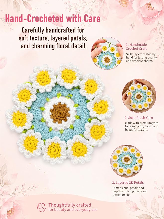 Crochet Flower Bouquet Coasters, Cotton Daisy Gift - Image 4
