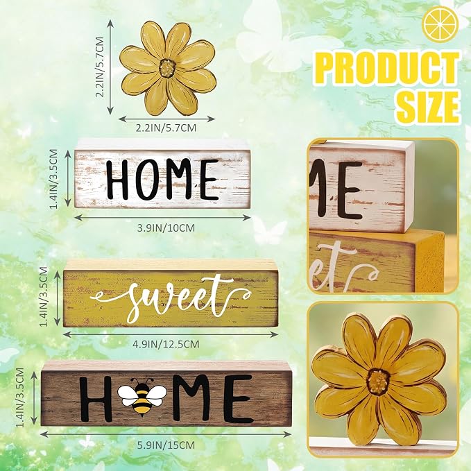 Cinnvoice 4 Pcs Yellow Bee Daisy Wooden Block Decor Farmhouse Tiered Tray Signs - Image 3
