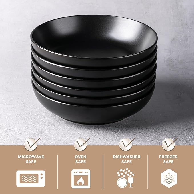AmorArc 8.5 Inch Stoneware Pasta Bowls of 6, 32oz Large Bowls Set | Matte Black - Image 3