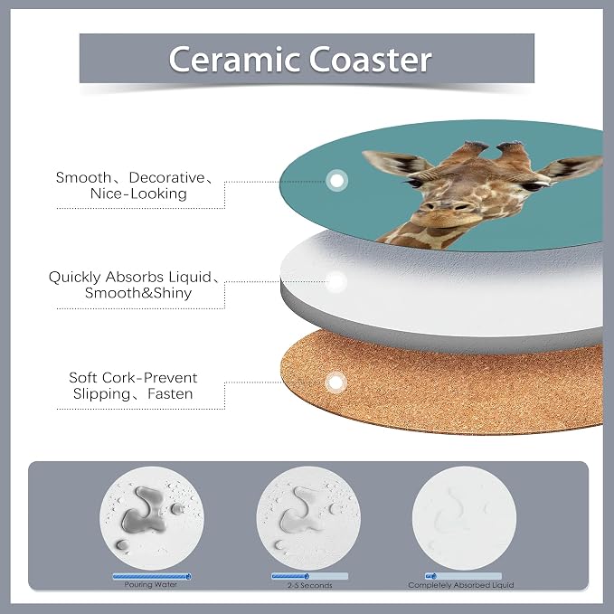 6 Pcs Coasters for Drinks with Holder, Funny Giraffe Absorbent Coaster with - Image 3