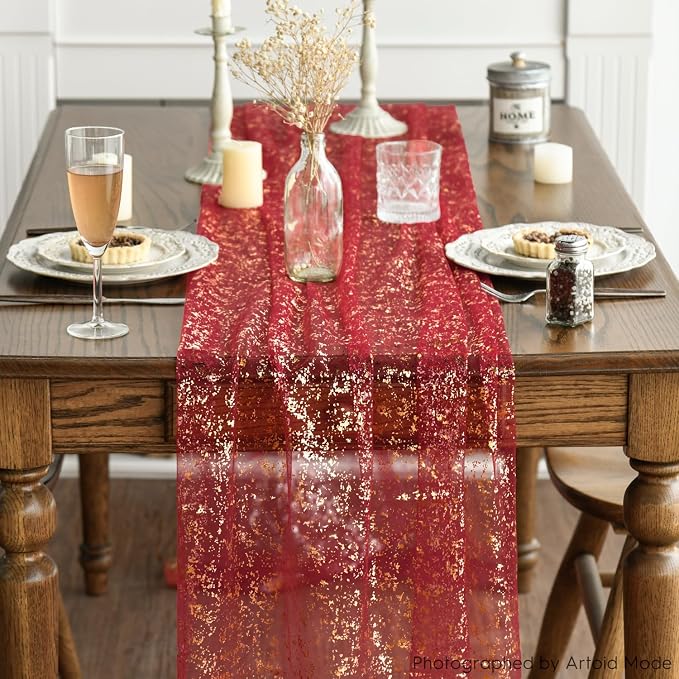 Artoid Mode Red Gold Gauze Table Runner 120 Inch 10FT, Glitter Metallic Foil - Image 3