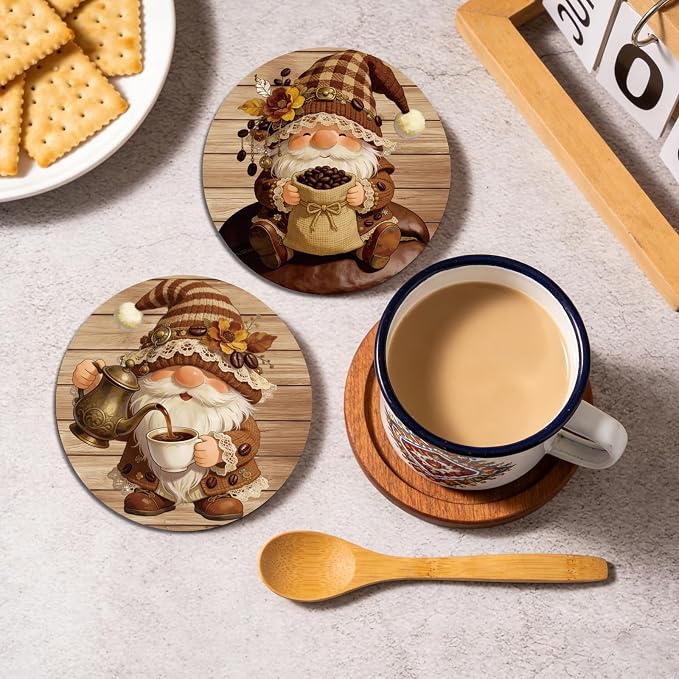 10pcs Coasters for Drinks Cute Coffee Gnome Absorbent Coasters Set Round - Image 5
