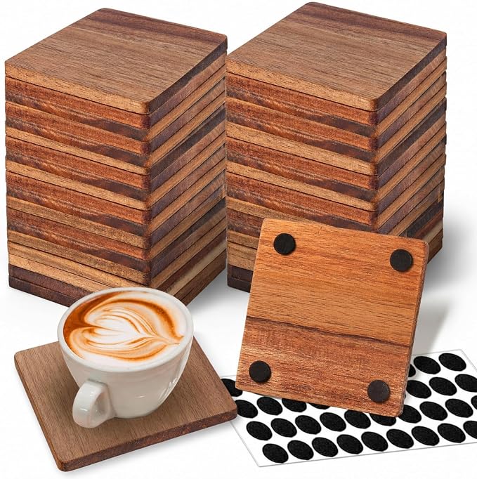 48 Pcs Unfinished Acacia Wood Coasters Bulk, 4 Inch Square Wooden Coasters by Ferrochef