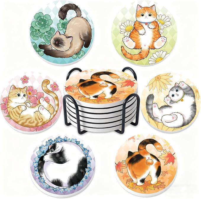 Ceramic Coasters Absorbent Non Slip 6pcs 4 Inch Coaster Lazy Cats | Drink by Staruby