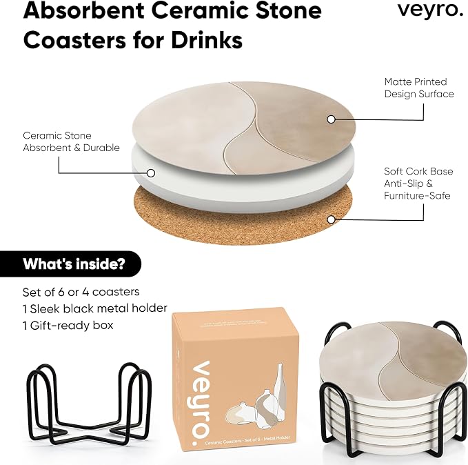 VEYRO Ceramic Coasters Set of 4 – Absorbent Stone Drink Coasters - Image 6