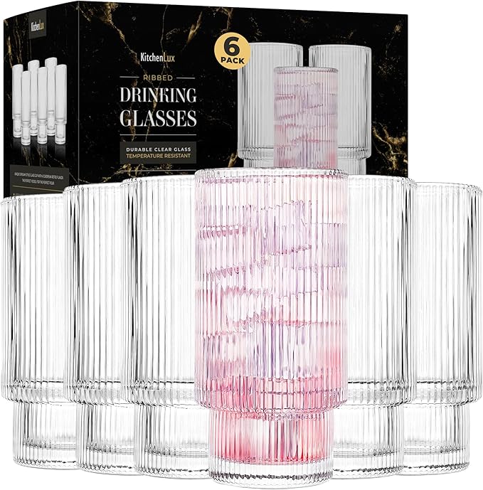 Kitchen Lux Ribbed Glass Cups 12oz Highball Tall Glass | Stackable Ribbed by KitchenLux