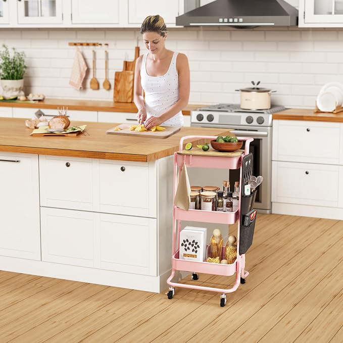 DTK 3-Tier Rolling Cart with Table Top, Metal Utility Cart with Side Bags | - Image 6