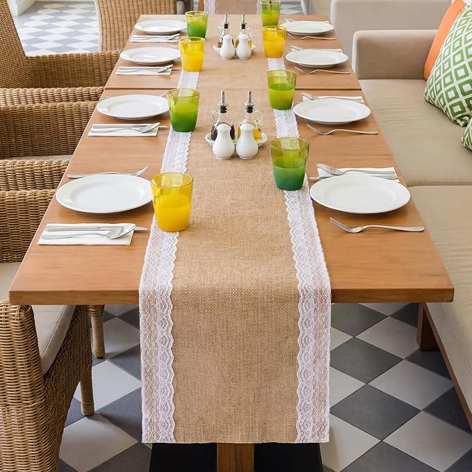 Tatuo 12 Pcs Lace Burlap Table Runner 12'' x 72'' Rustic Jute Hessian Farmhouse - Image 5
