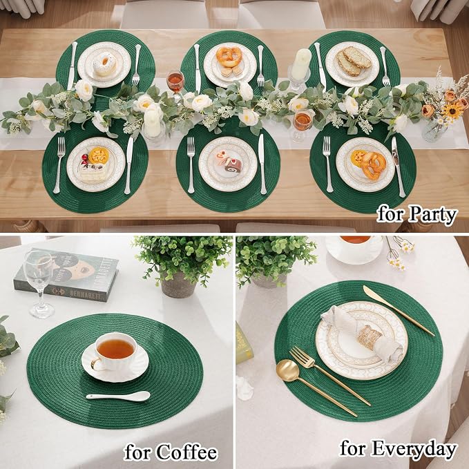 SHACOS Dark Green Round Placemats Set of 6 Cotton Polyester Braided 15 inch - Image 3