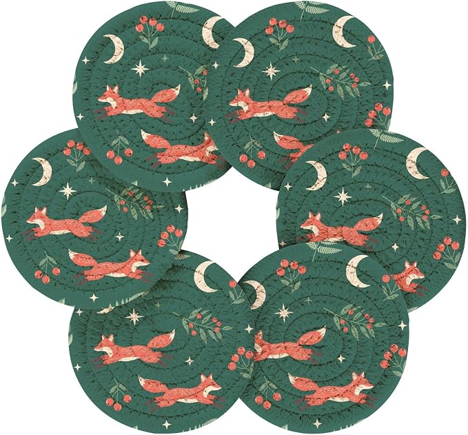 Winter Fox Berries Green Print Coasters - Image 2