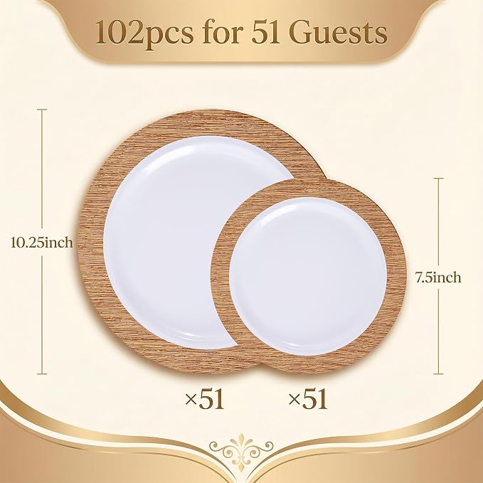 102 Pcs Wood Grain Brown Plastic Plates, Elegant Wood Grain Design - Image 4