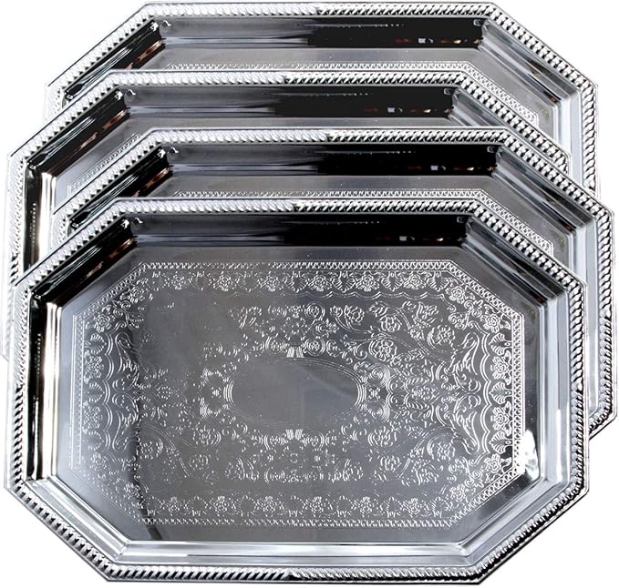 Elegant Floral Engraved Serving Tray Chrome Plated Steel Plate Platter by MAROMEGASTORE