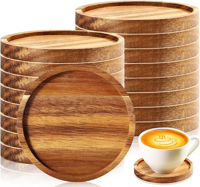 Zhehao 16 Pcs Acacia Wood Coasters Bulk 4 Inch Wooden Stackable Reusable Drink by Zhehao