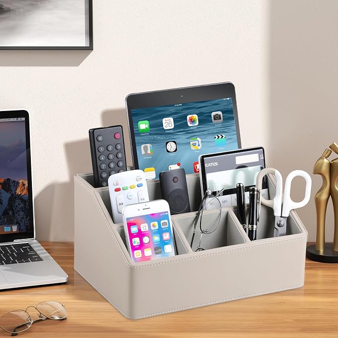 PU Leather Desk Organizer, Remote Control Holder, Dark Beige | Luxury - Image 6