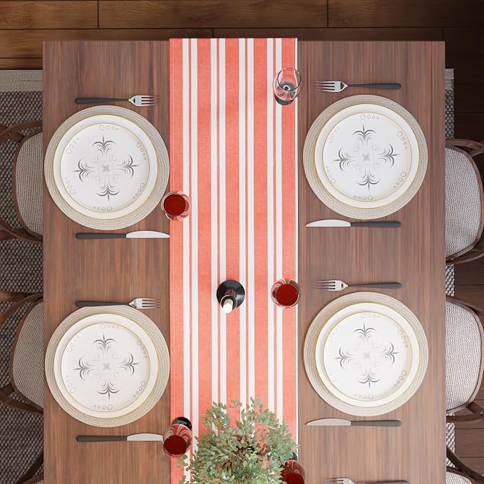 Encasa XO Table Runner, Woven Cotton Dining Runner 13"x94" Franca Orange Stripes - Image 5