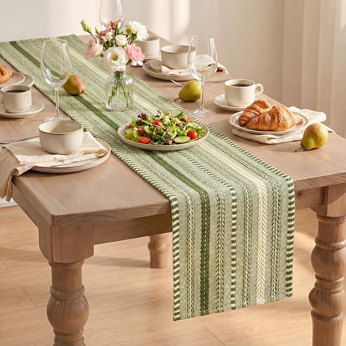Artoid Mode Army Green Farmhouse Stripe Braided Table Runner 12x90 Inch | - Image 8
