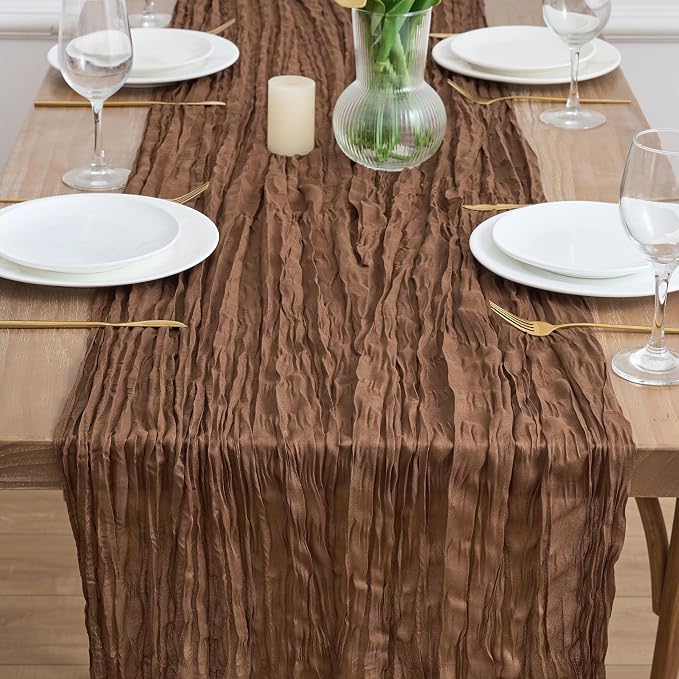 Asee'm 6pcs Brown Coffee Cheesecloth Table Runner 10FT Boho Rustic Fall | Sheer - Image 2