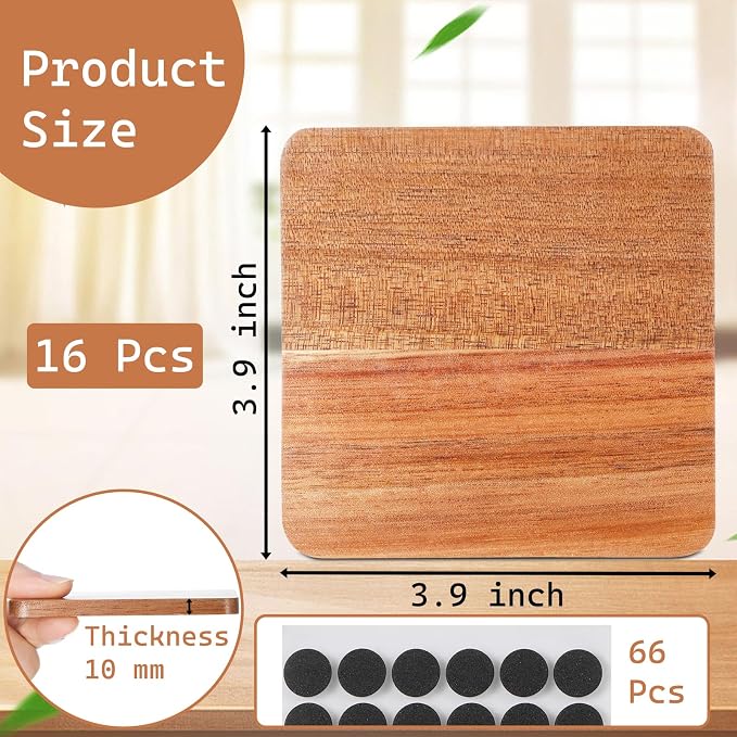 16 Pcs Unfinished Wood Coasters, 4 Inch Square Acacia Wooden Coasters - Image 2