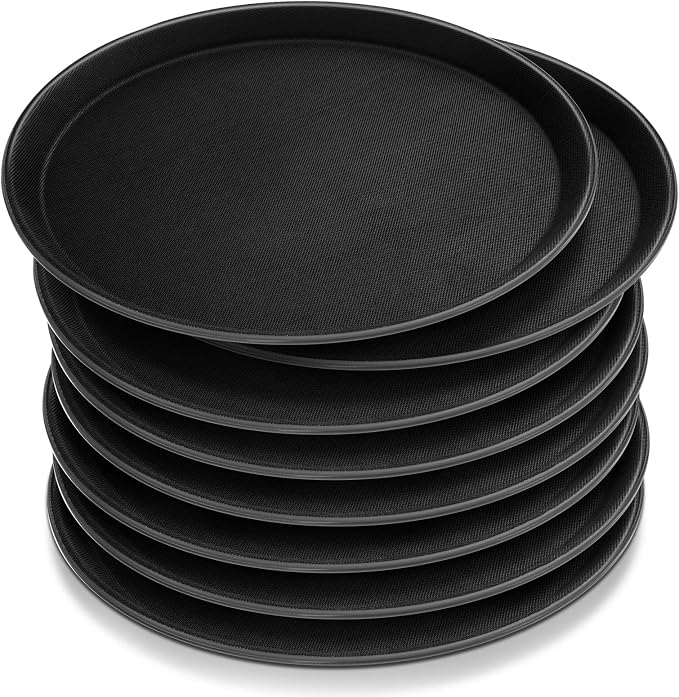 Zopeal 8 Pieces Black Round Restaurant Serving Tray, Plastic Non Slip Surface by Zopeal
