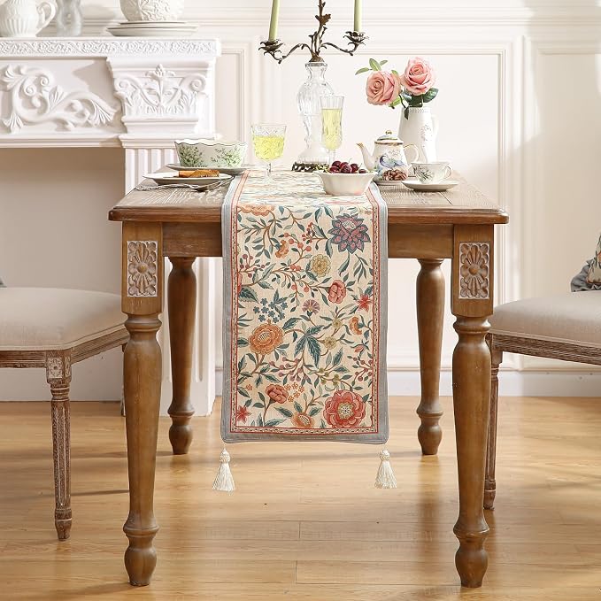 bilin gaier Designer Linen Extra Long Table Runner, Colorful Floral Pattern - Image 2