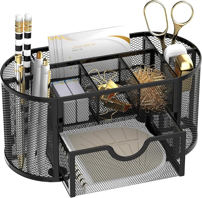 Mesh Desk Organizer with Drawer, 9-Compartment Pen Holder by SUPEASY