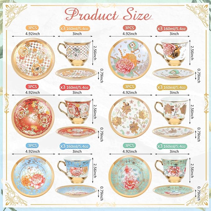 Teenyyou Set of 18 Tea Cups and Saucers Tea Party Decorations Floral Porcelain - Image 2