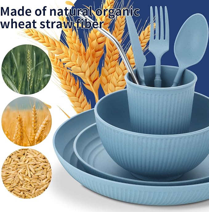 Wheat Straw Dinnerware Sets, 64-Piece Plates and Bowls Sets - Image 6