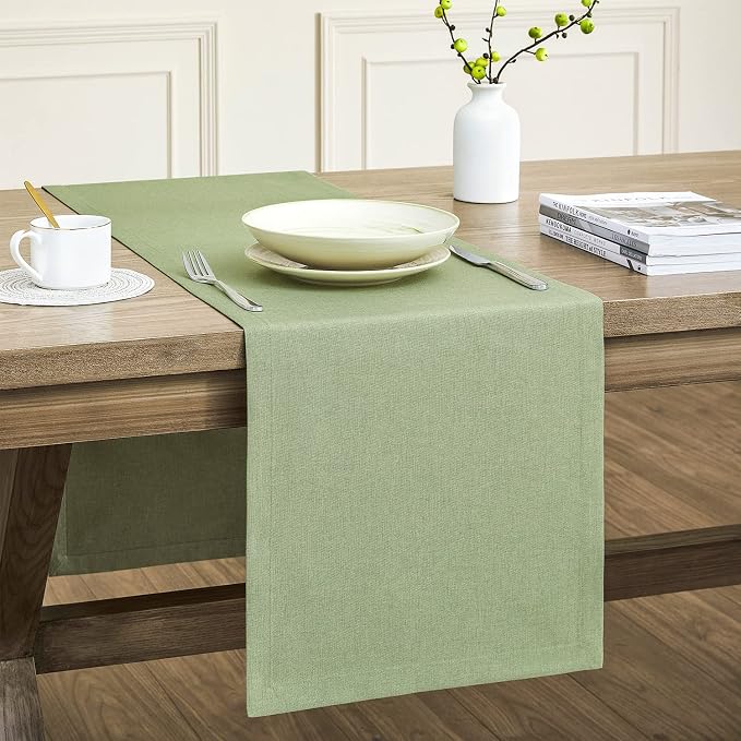Basic Linen Style Table Runner, 14x48 Inch Sage Green | Mitered Corner Design by ZEEMARTONLINE