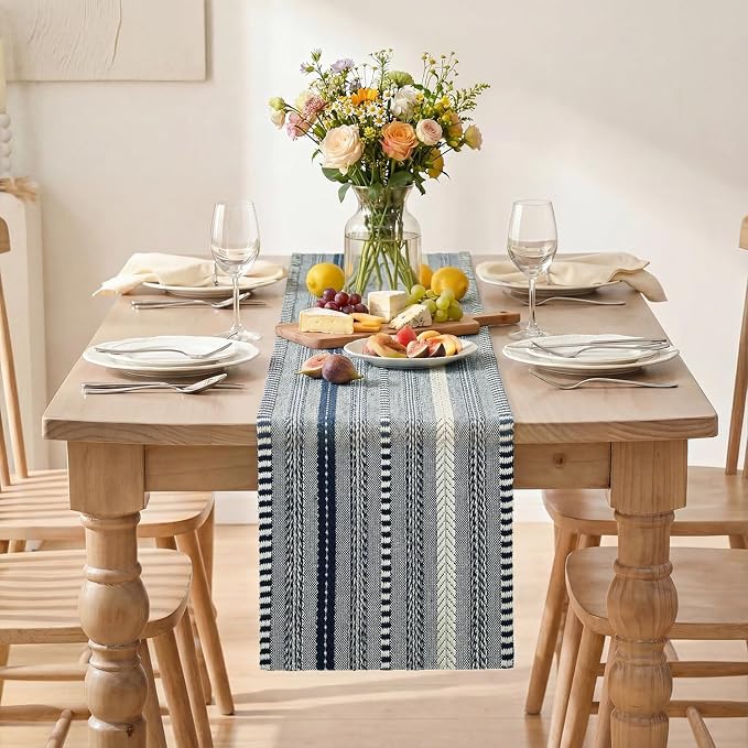 Artoid Mode Dark Blue Farmhouse Stripe Braided Table Runner 12x108 Inch | - Image 2
