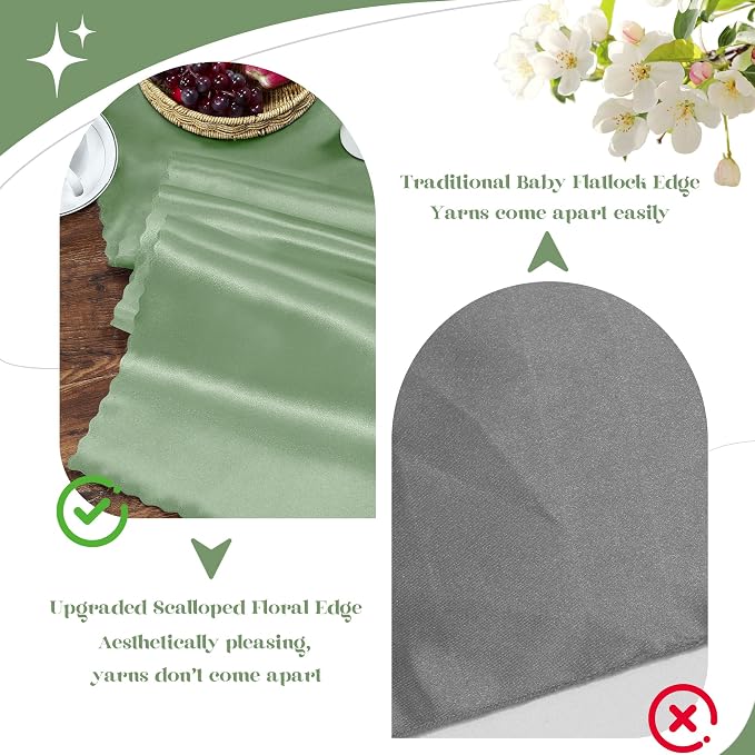 VACVELT Sage Green Satin Table Runners, 12x72 Inch, 2 Pack, Scalloped Edge | - Image 7
