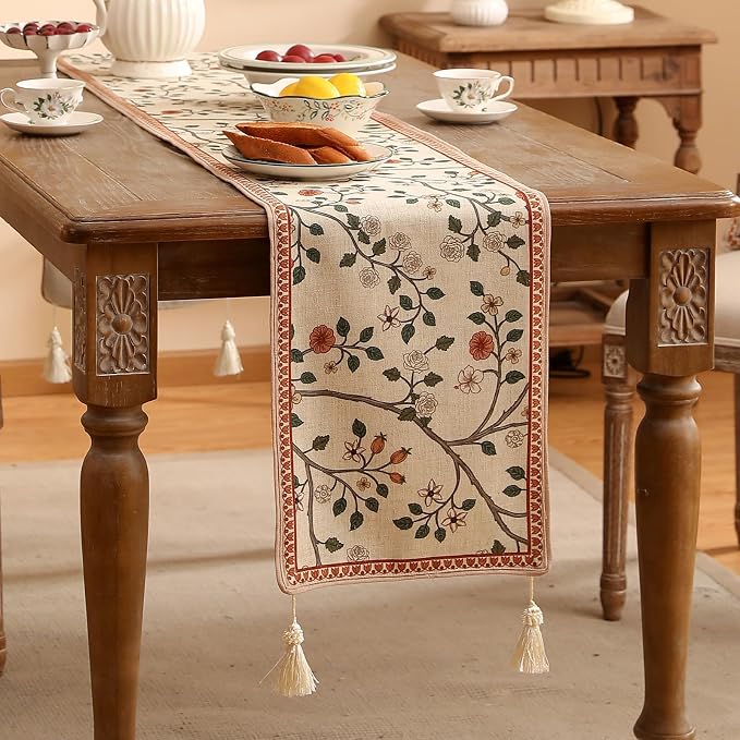 Designer French Linen Long Table Runner, Floral Pattern, Dining Table, Kitchen - Image 2