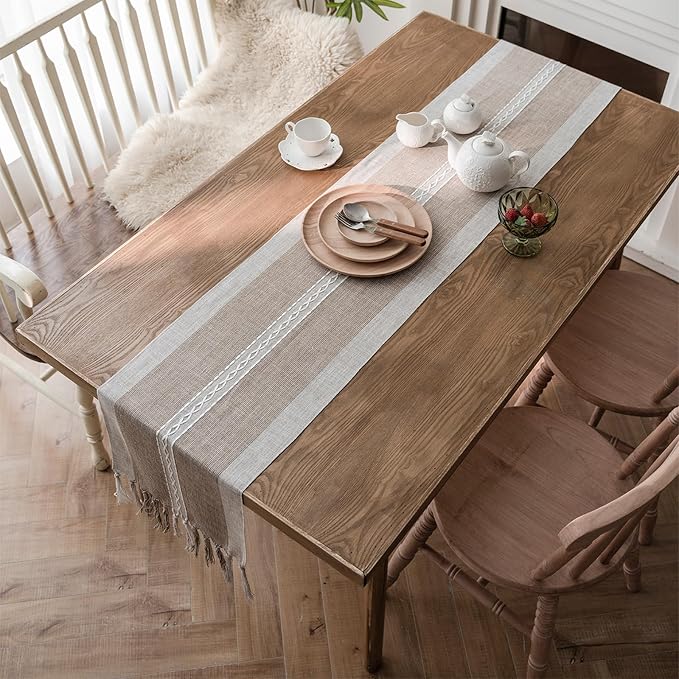 Farmhouse Table Runner, Embroidered Striped Braided Coffee Boho Table Runner - Image 4