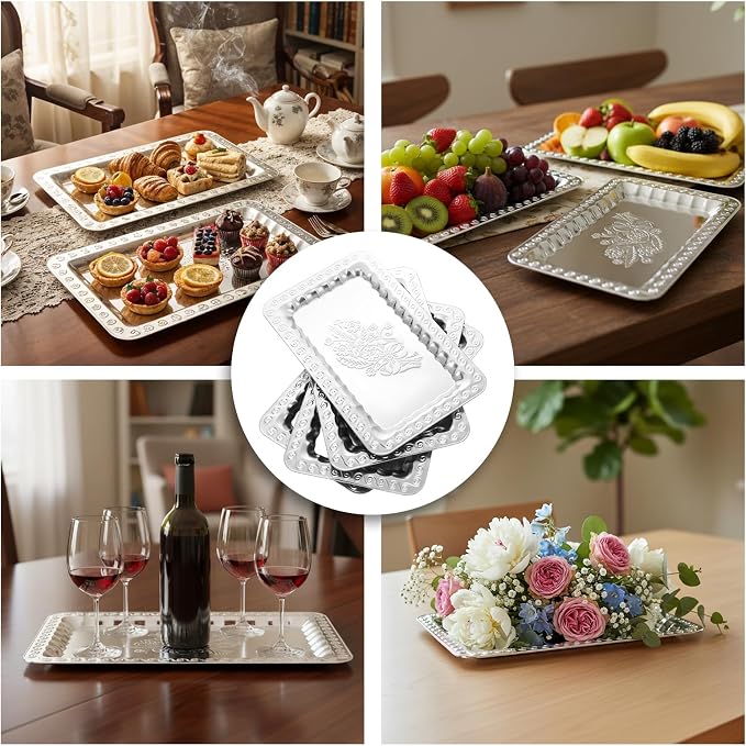6 Pcs Silver Serving Trays, 13.8" x 8.7" Stainless Steel Rectangle Serving Tray - Image 8