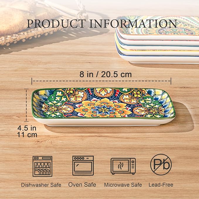 Henten Home Ceramic 8 Inch Salad Plates, Rectangular Snack Plate Set of 6 - Image 2