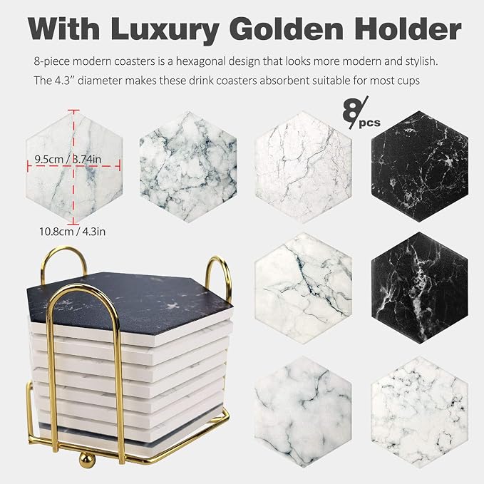 8 Pcs Drink Coasters with Metal Holder Stand, Marble Design Ceramic Coaster Set - Image 2