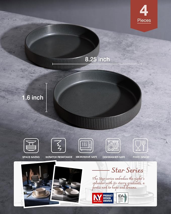famiware Star 8.25" Pasta Bowls Set of 4, Bowl Plates, Matte Dark Charcoal | - Image 2