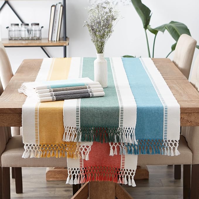 DII Dobby Stripe Table Runner, 13x72 Storm Blue & Cream Background | Woven - Image 8