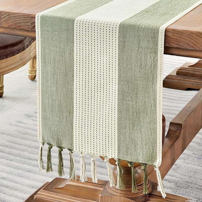Wracra Linen Table Runner, Stripe Table Runners 48 Inches Sage Green | Delicate by Wracra