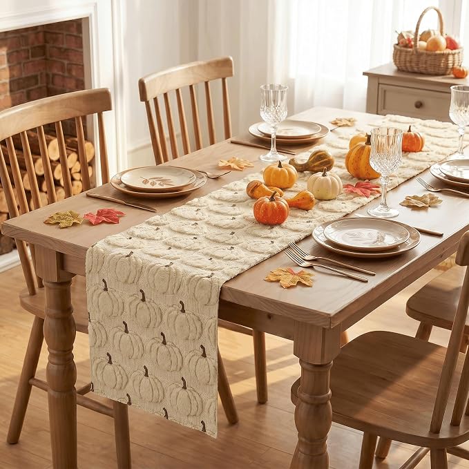 Artoid Mode Beige Soft Faux Fur Fall Table Runner 13x90 Inch | Seasonal Kitchen - Image 4